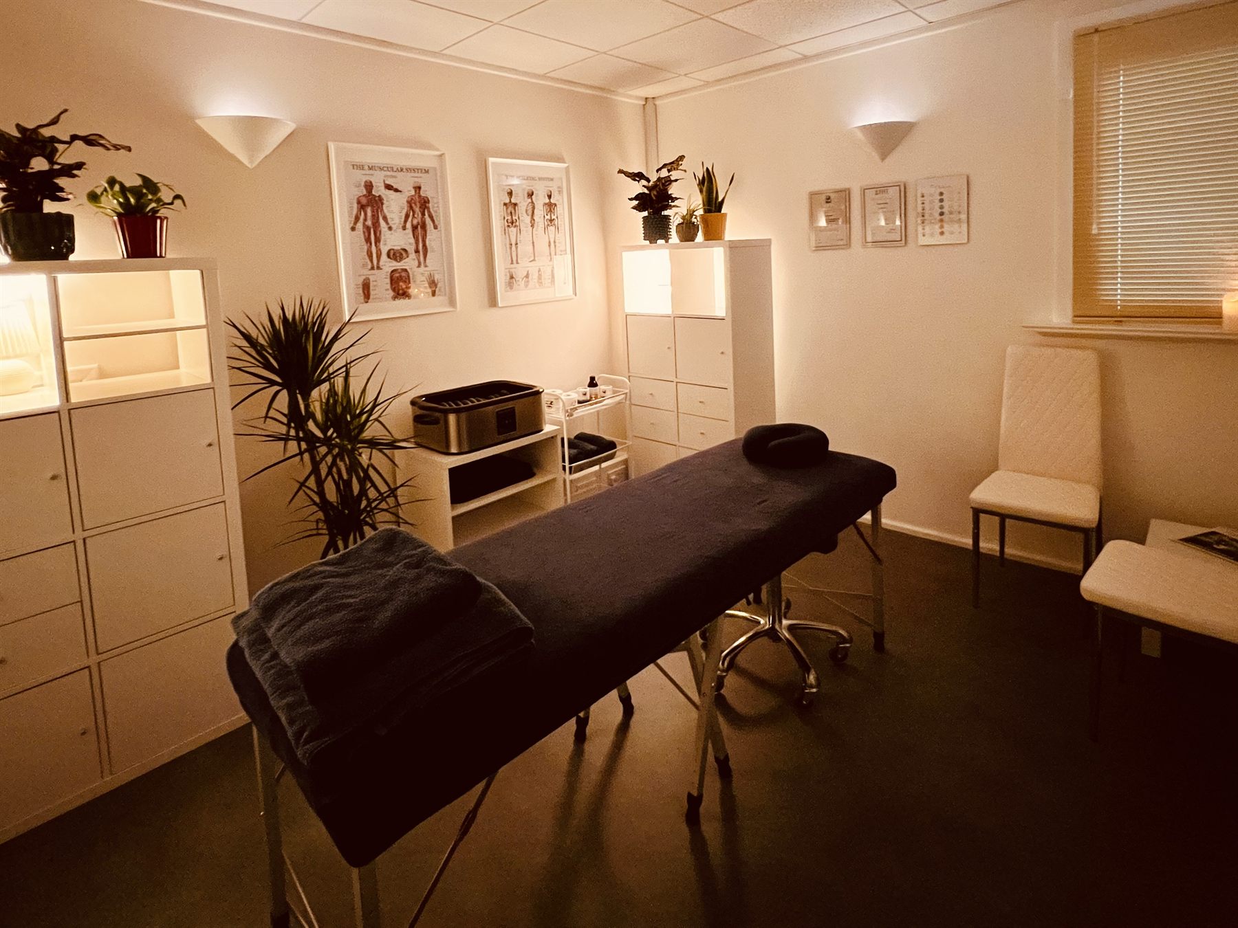 The massage treatment room at Leafield Hub, Corsham, with the couch, plants and soft lighting